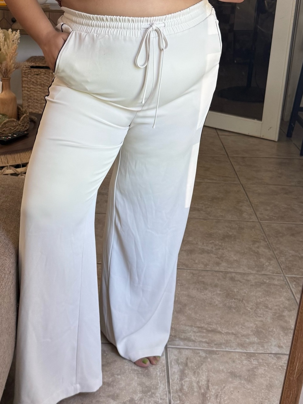 Woman Cream Drawstring Track Pants with black Side Stripe